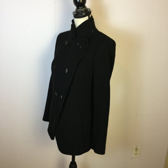 Vtg Ann Taylor Jacket Blazer 8P Womans Black Wool Double Breasted Ruffle Collar - Picture 2 of 15